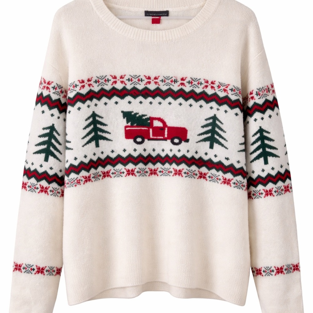 Vince Camuto Cream Crewneck Sweater with Red Truck and Green Trees